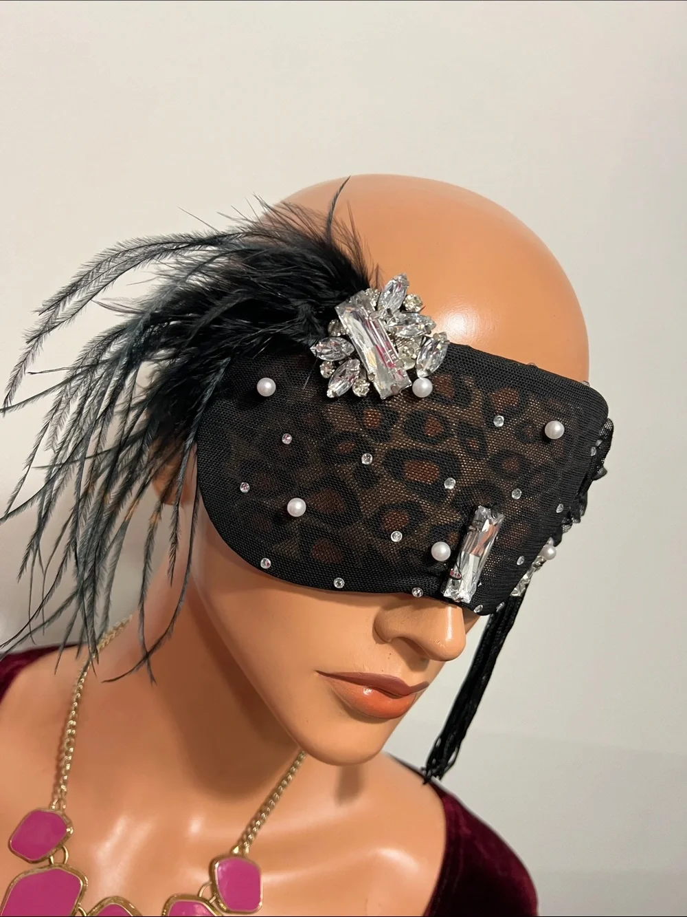 Black Embellished Feathered Masquerade Eye Mask